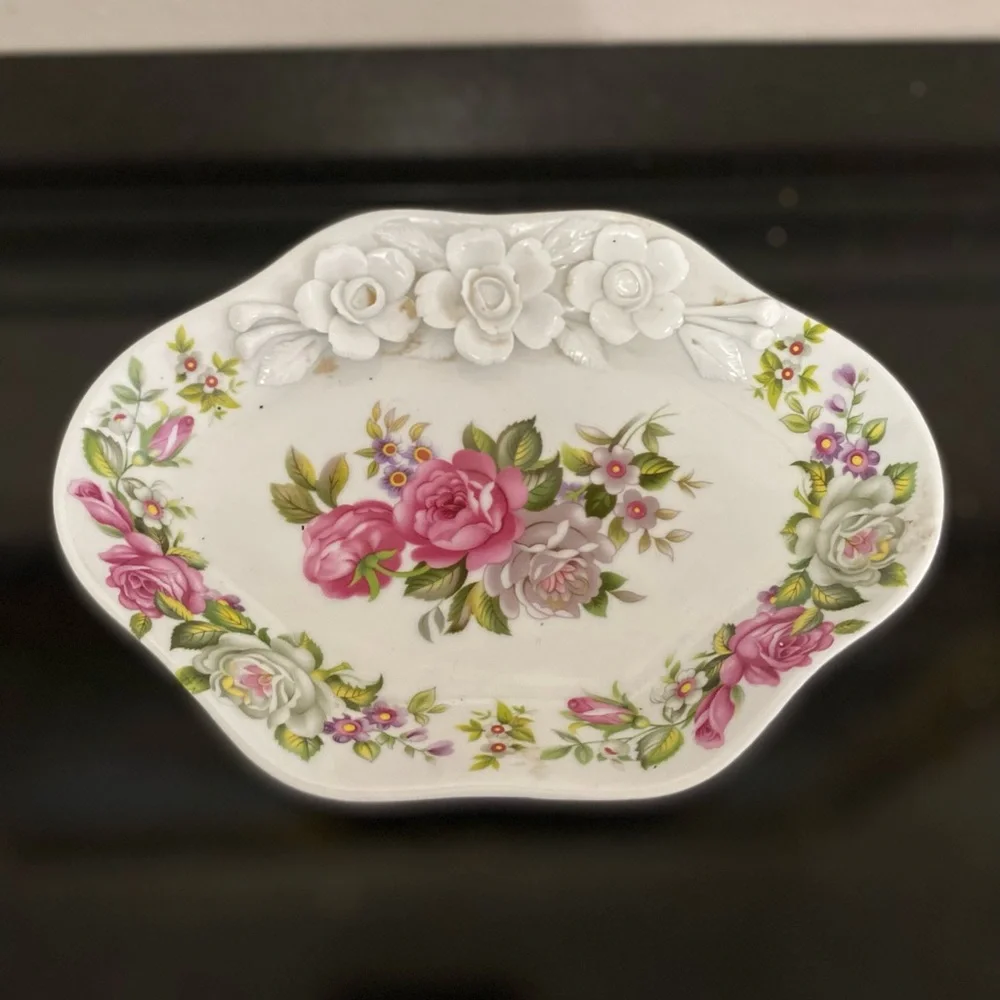 Vintage White Floral Dish with Pink Rose Accent